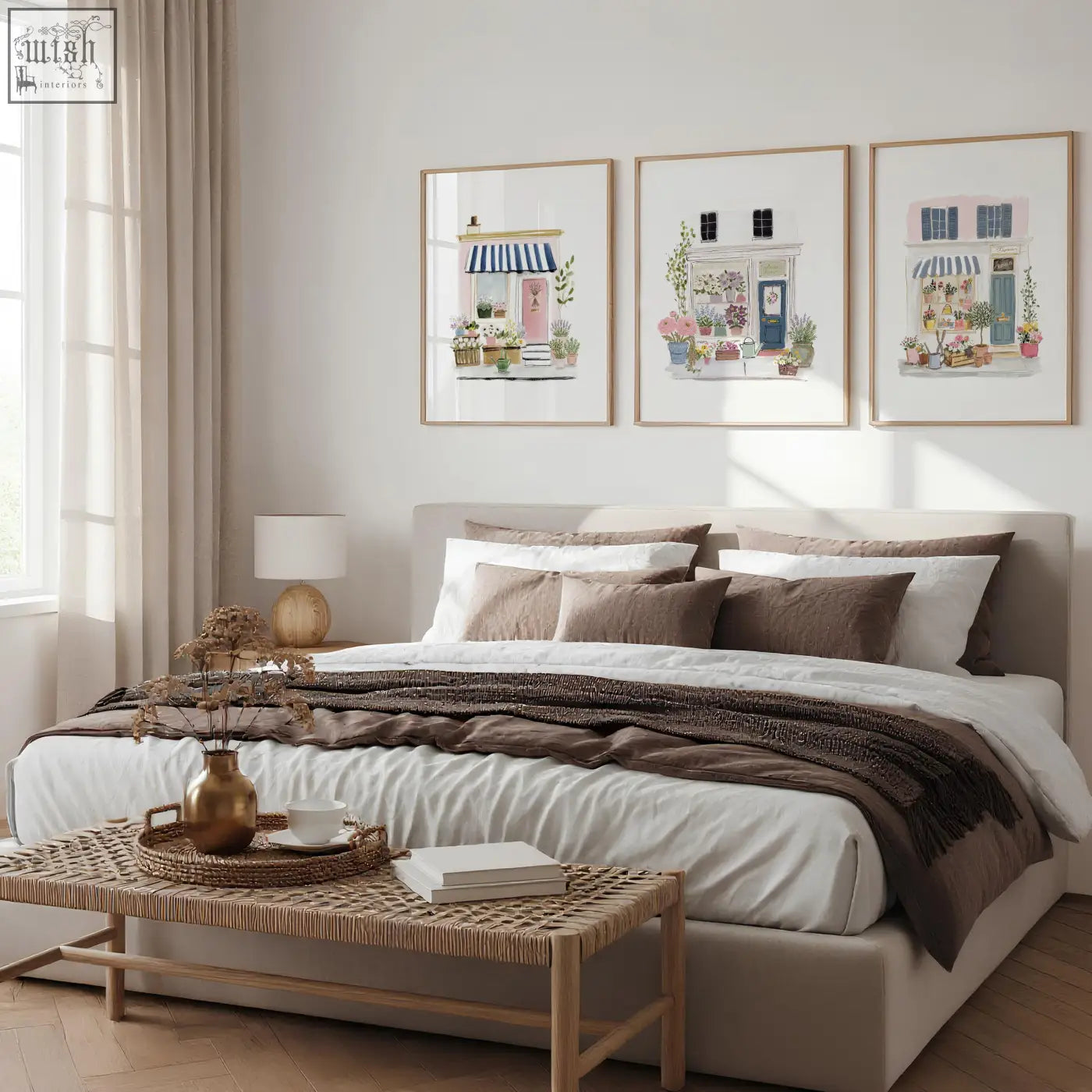 A golden metallic vase with dried flowers adds charm to flower art prints of blue pink and white flower shop facades