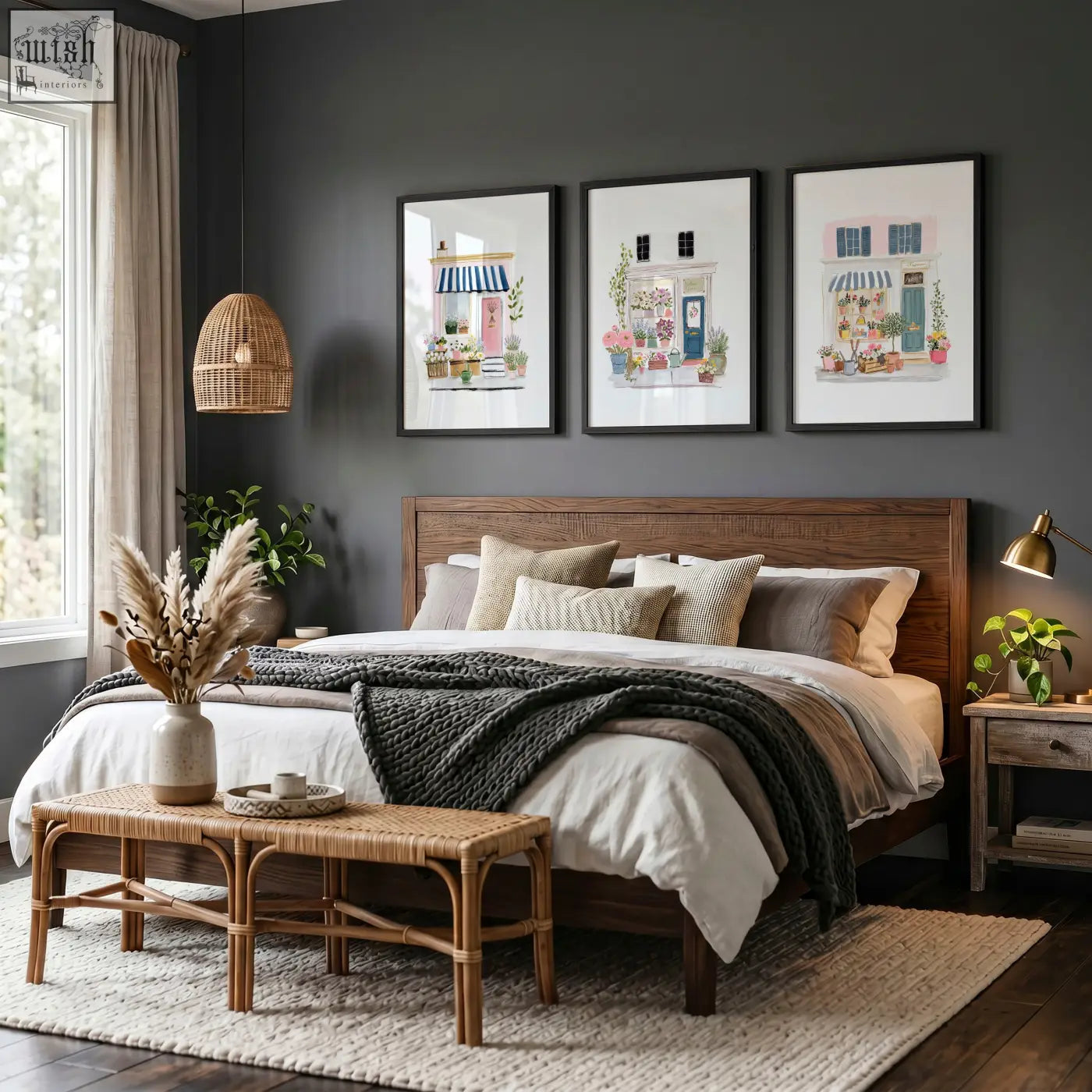 Wooden bed with dark brown finish and neutral pillows below flower art prints of blue pink and white flower shop facades