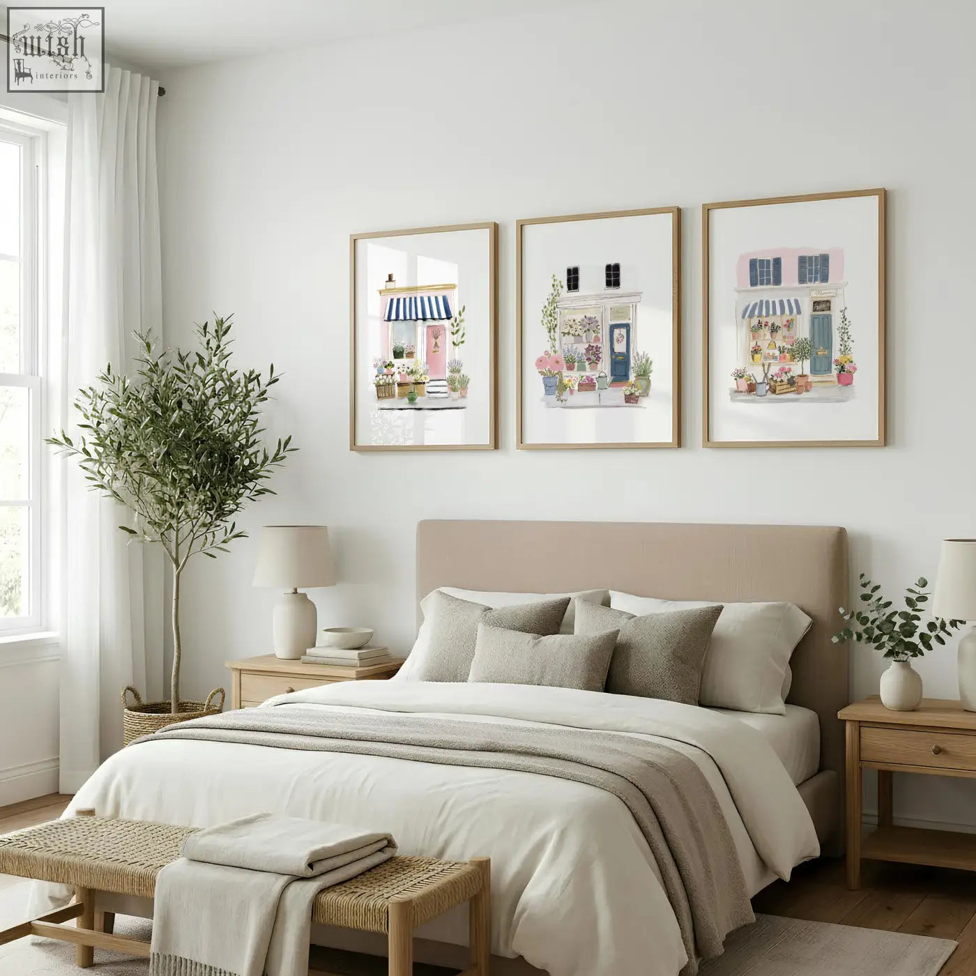 Beige upholstered bed with matching pillows and neutral throw blanket beside flower art prints of flower shop facades