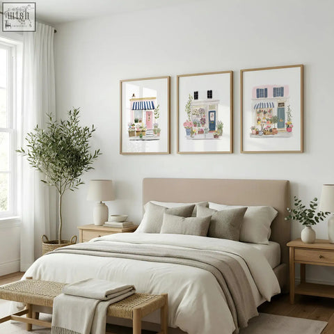 Beige upholstered bed with matching pillows and neutral throw blanket beside flower art prints of flower shop facades