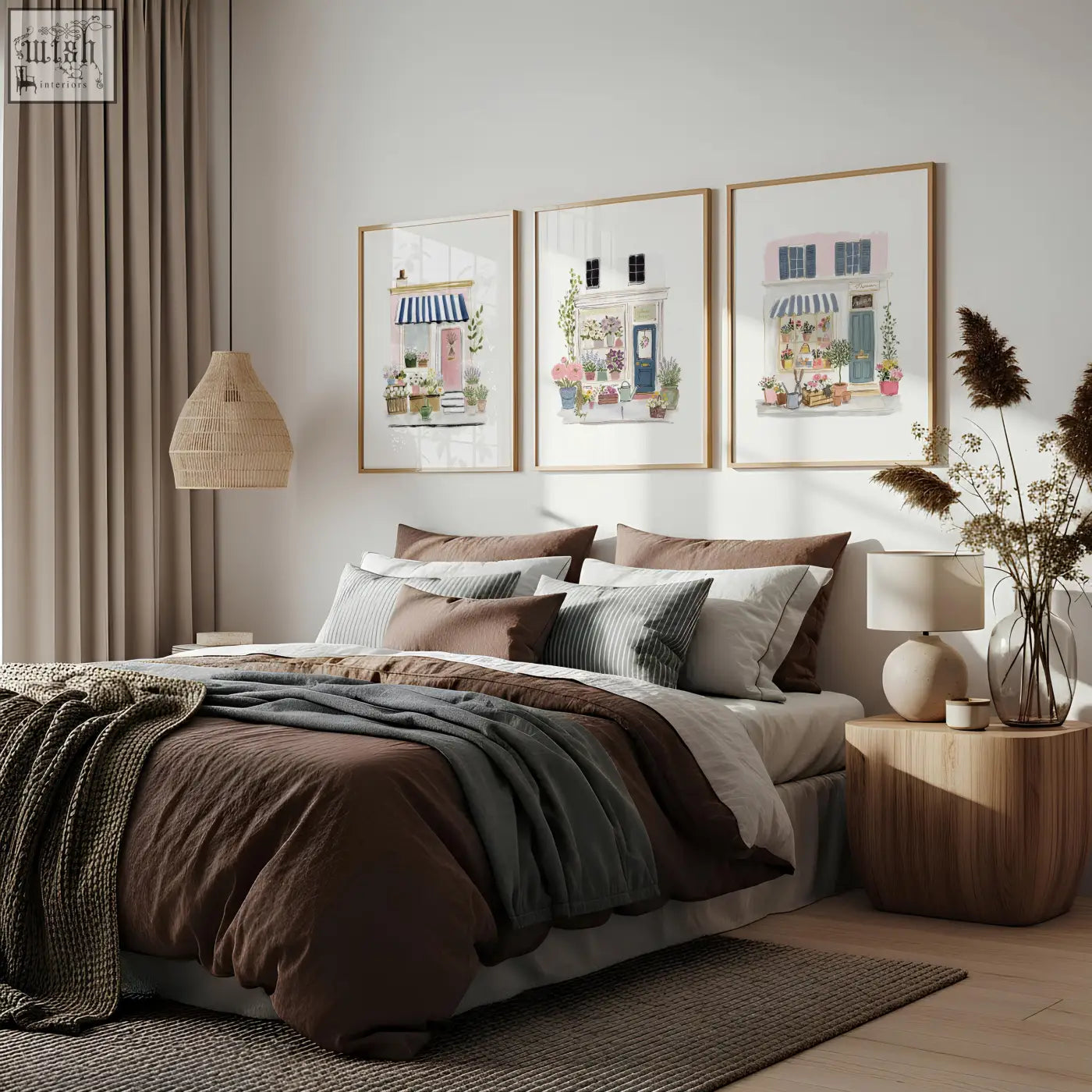 Cozy brown and gray layered bedding set with textured knit throw blanket beside flower shop art prints in blue pink and white