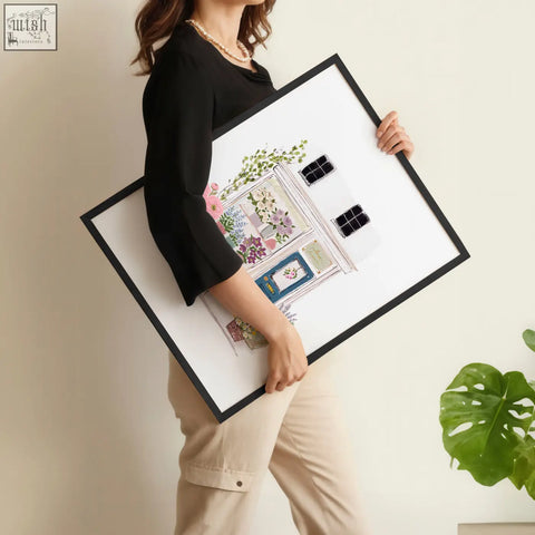Black-framed flower art prints featuring colorful floral-patterned flower shop windows and doors on white background