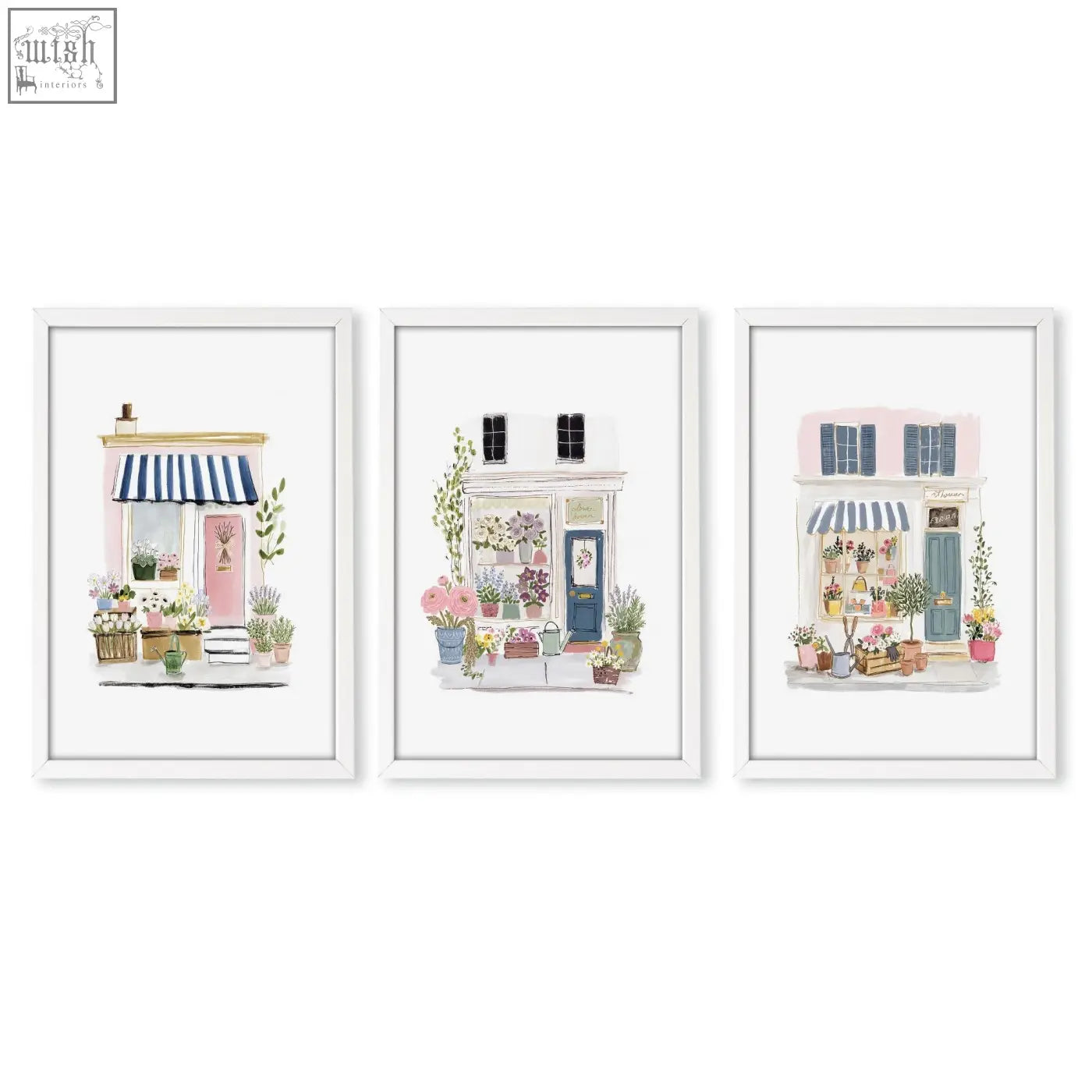 Set of 3 flower art prints featuring charming flower shop facades with pastel colors and vibrant floral arrangements