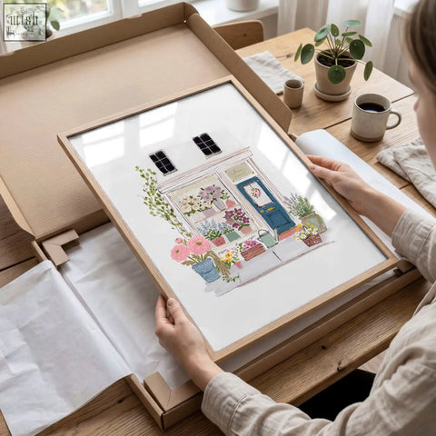 A framed watercolor flower art print of a flower shop facade with a blue door and colorful blooms in a light wood frame