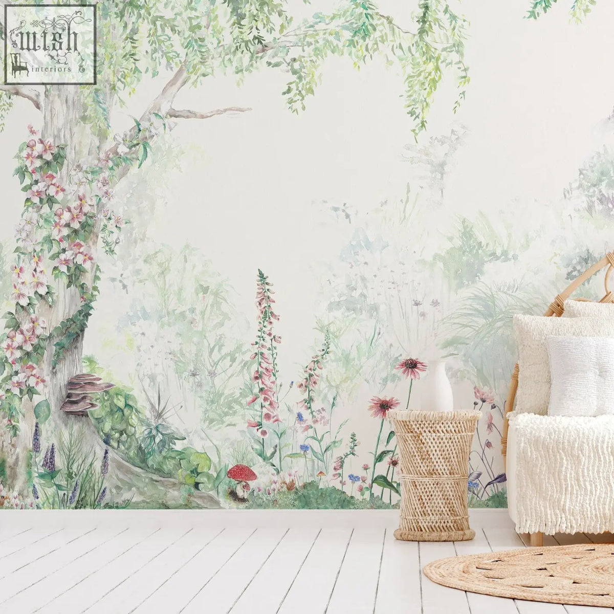 Woven wicker side table in natural beige with vertical basket weave pattern complements forest mural wallpaper