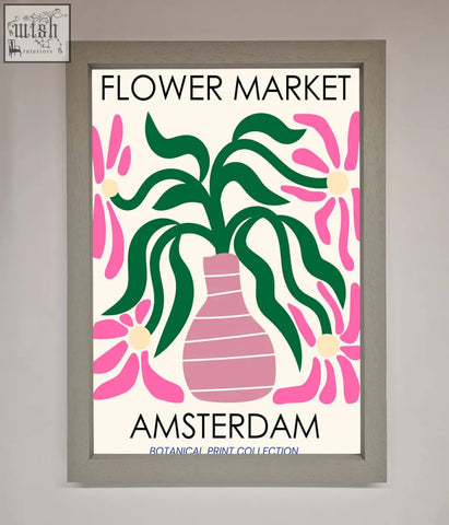 A framed poster of flower market amsterdam featuring a stylized pink vase with green leaves and pink flowers