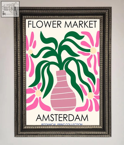 A framed poster of a flower market amsterdam with green leaves pink flowers in a striped pink vase design