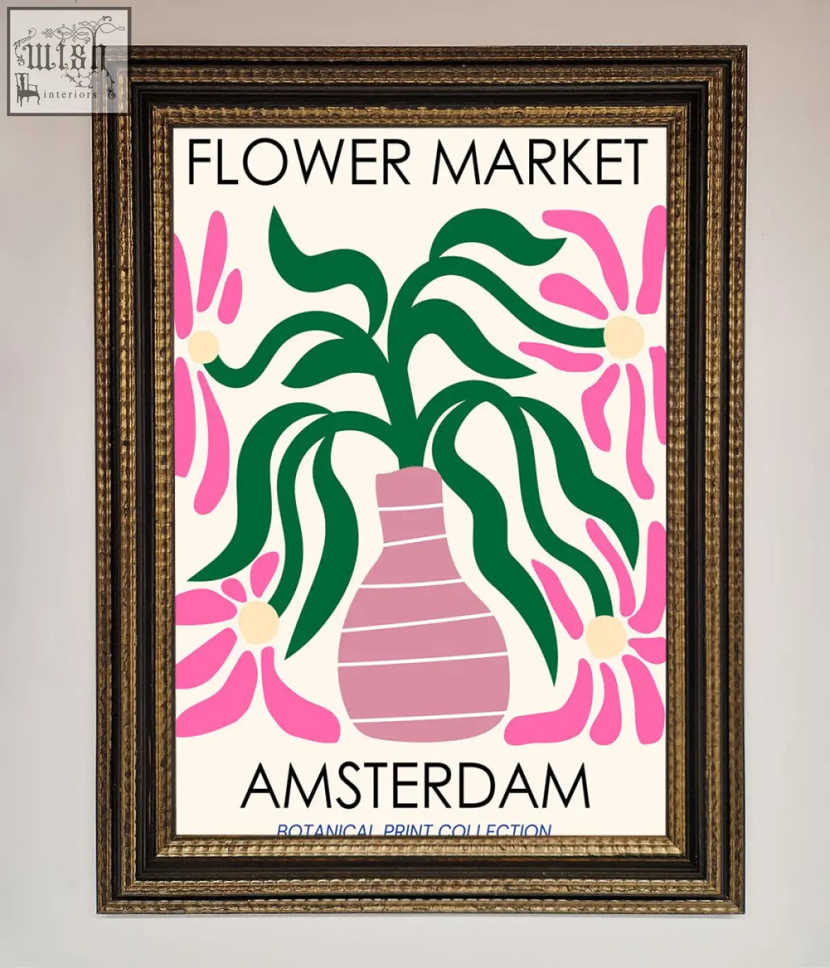 A framed poster of a pink vase with green leaves and flowers labeled flower market amsterdam perfect for market amsterdam fans