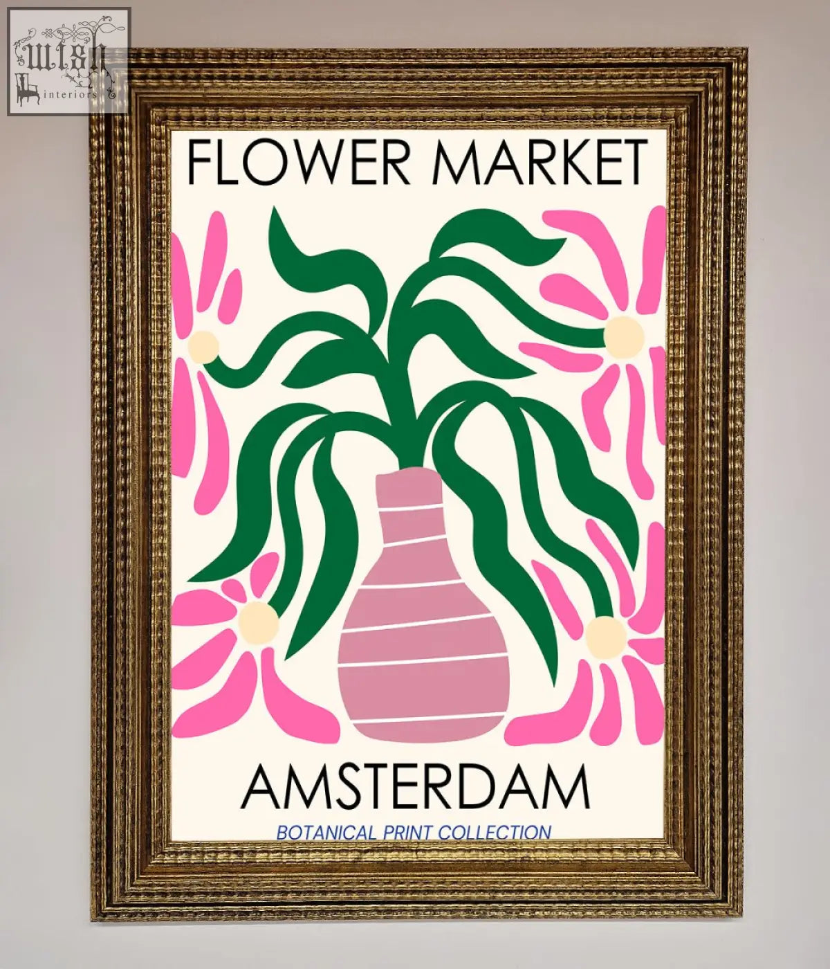 A framed poster of stylized pink flowers and green leaves in a striped vase labeled flower market amsterdam for wall decor