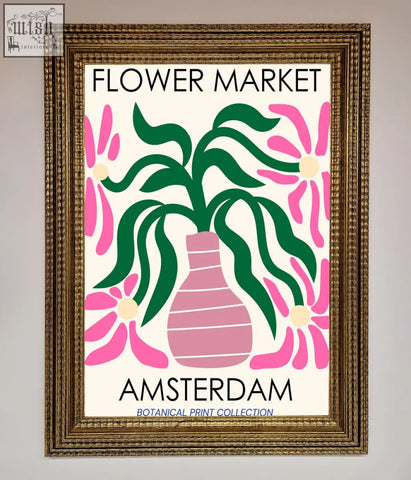 A framed poster of stylized pink flowers and green leaves in a striped vase labeled flower market amsterdam for wall decor