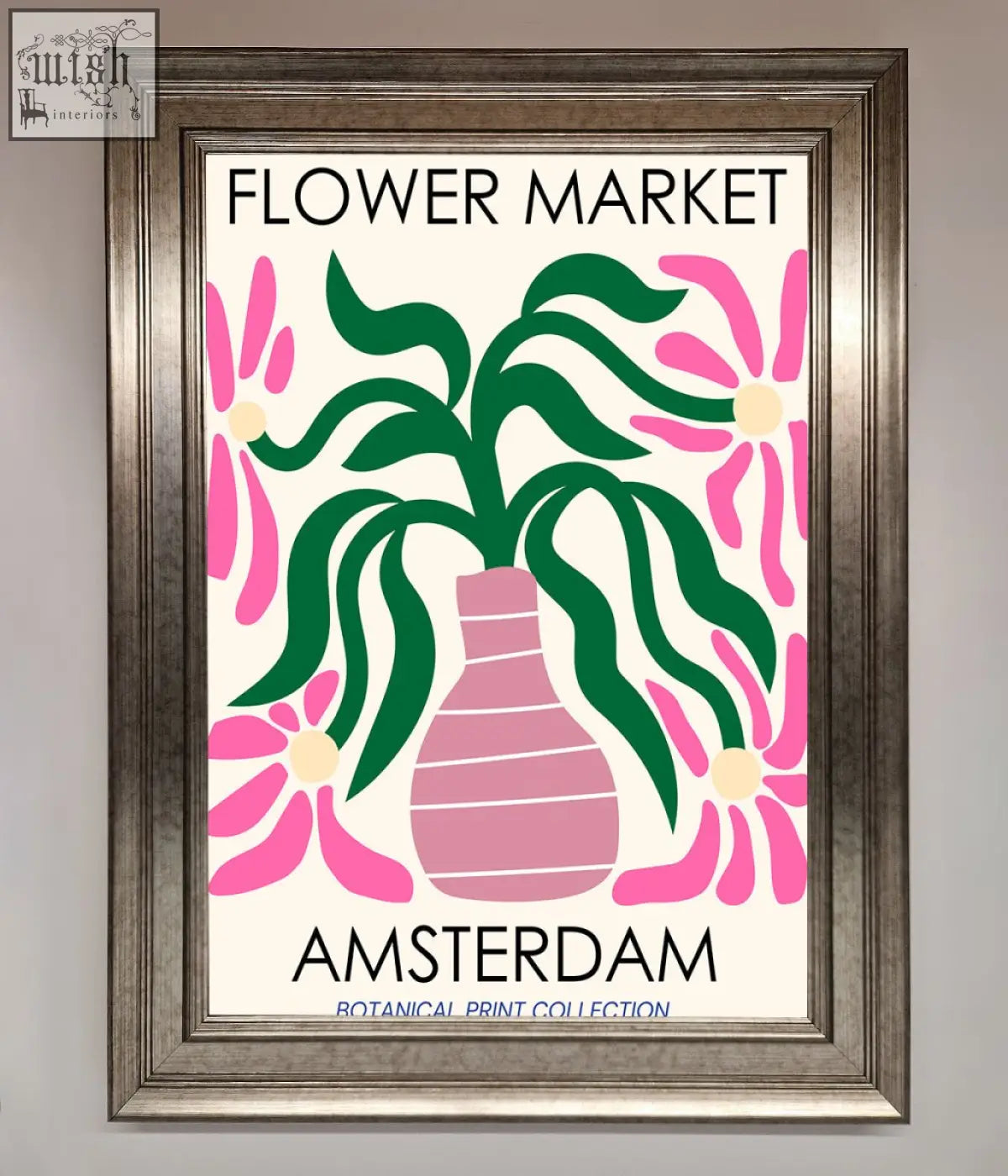 A framed poster featuring a stylized pink vase with green leaves and flowers labeled flower market amsterdam