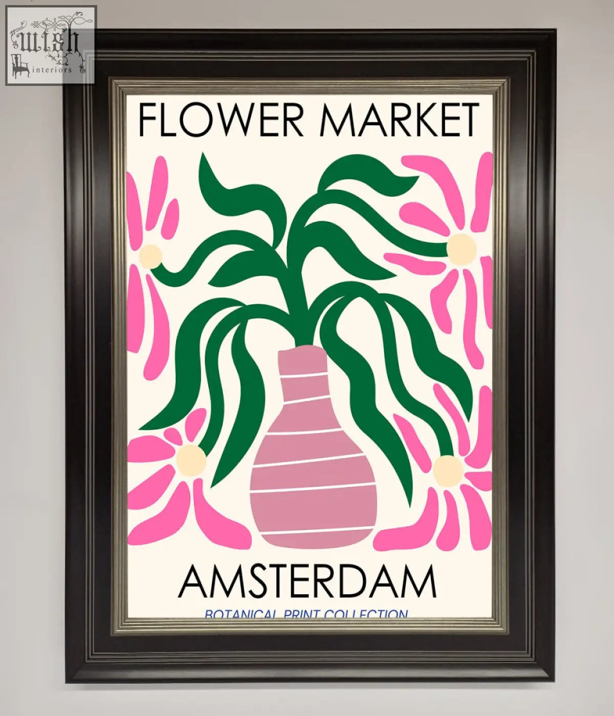 A framed poster of a stylized pink vase with green leaves labeled flower market amsterdam perfect for market amsterdam fans