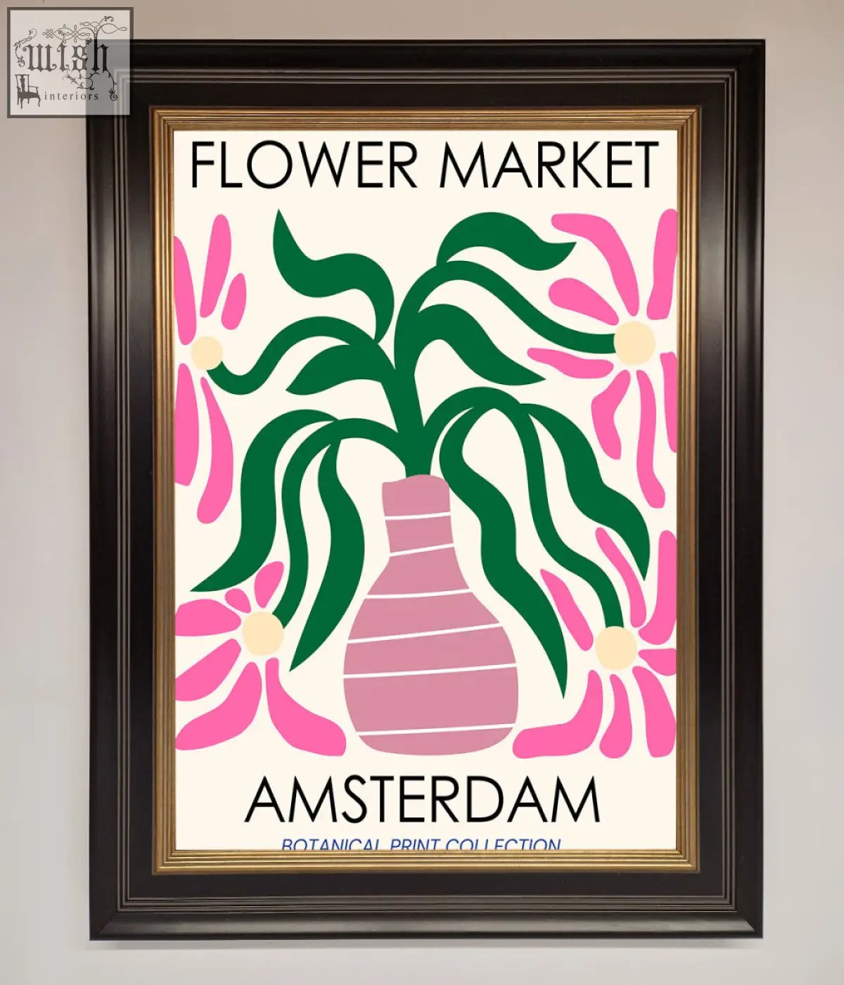Framed poster with stylized pink and green floral design featuring flower market amsterdam text on cream background