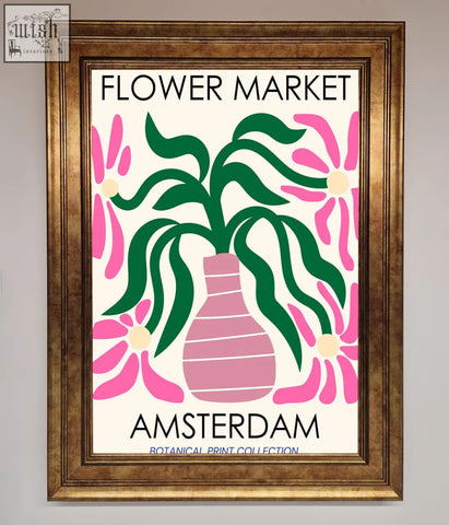 A framed poster of a stylized pink vase with green leaves and flowers labeled flower market amsterdam perfect for decor