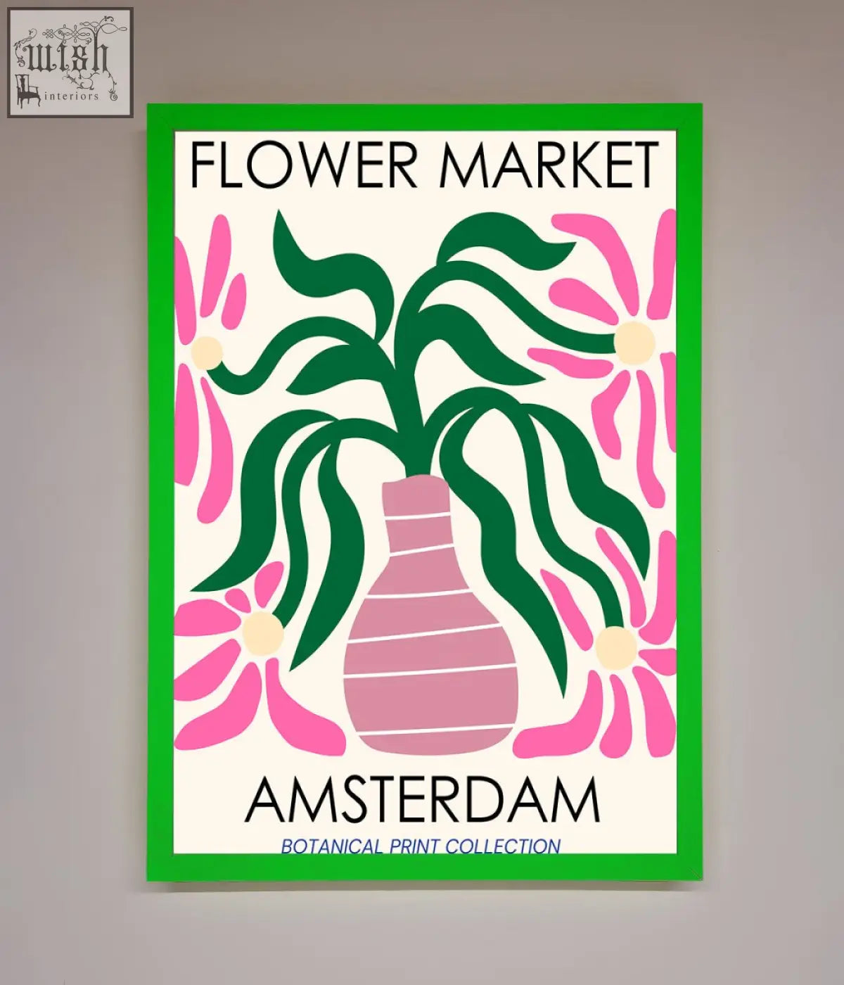 A vibrant flower market amsterdam framed poster with a green frame pink striped vase and bold pink flowers