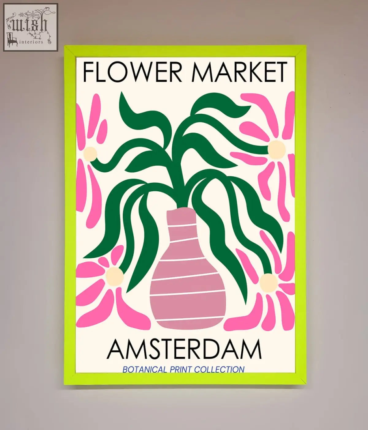 A vibrant lime green-framed flower market amsterdam poster with a pink striped vase and bold green leaves and flowers