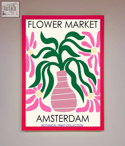 A vibrant pink-framed flower market amsterdam poster with green leaves and pink flowers in a striped pink vase