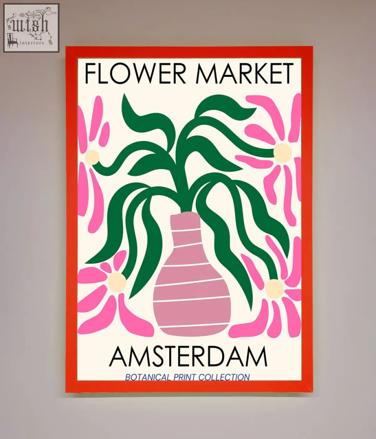 A vibrant red-framed flower market amsterdam poster featuring a pink vase with green leaves and pink flowers