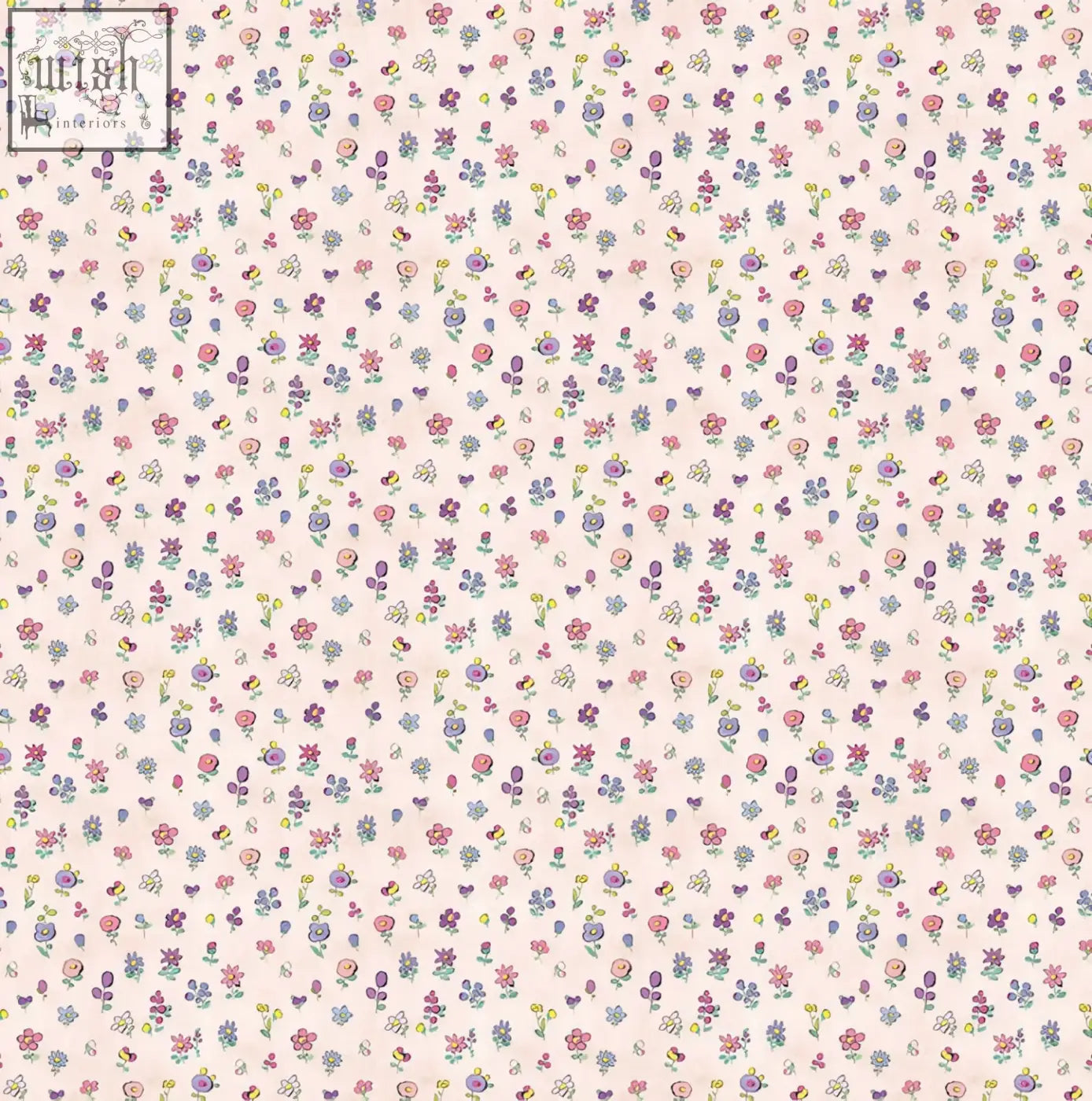 Pastel floral flower power rainbow wallpaper with tiny pink purple lavender blossoms on cream ethically sourced materials