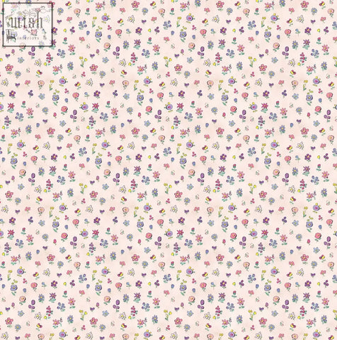 Pastel floral flower power rainbow wallpaper with tiny pink purple lavender blossoms on cream ethically sourced materials