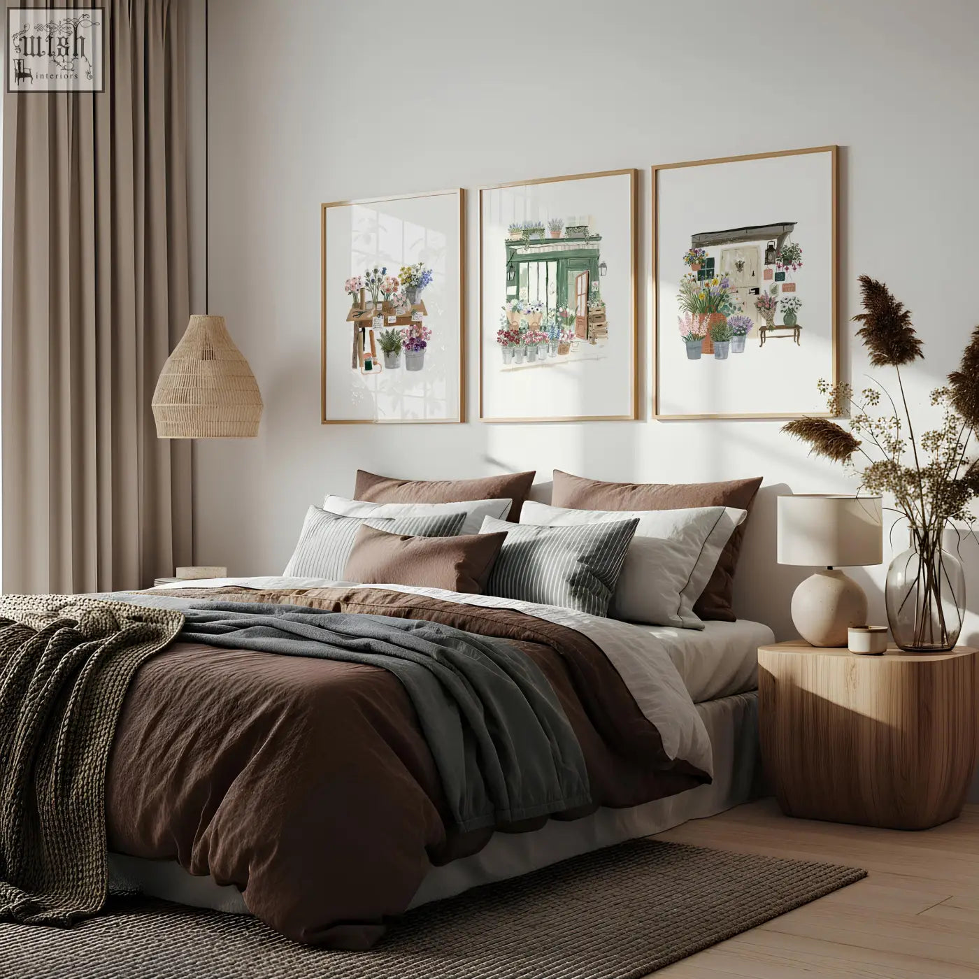 Cozy brown and gray layered bedding with textured knit throw blanket complement flower shop wall art set of 3 flower print