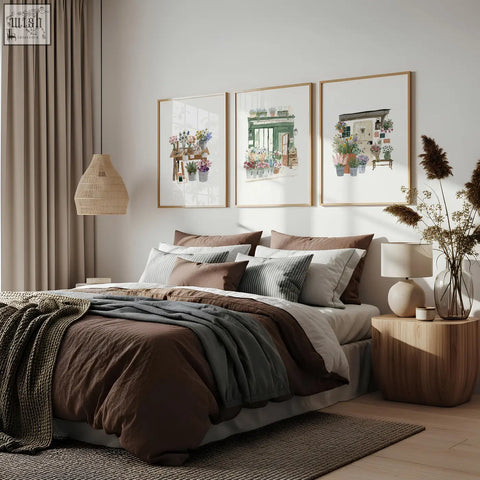 Cozy brown and gray layered bedding with textured knit throw blanket complement flower shop wall art set of 3 flower print