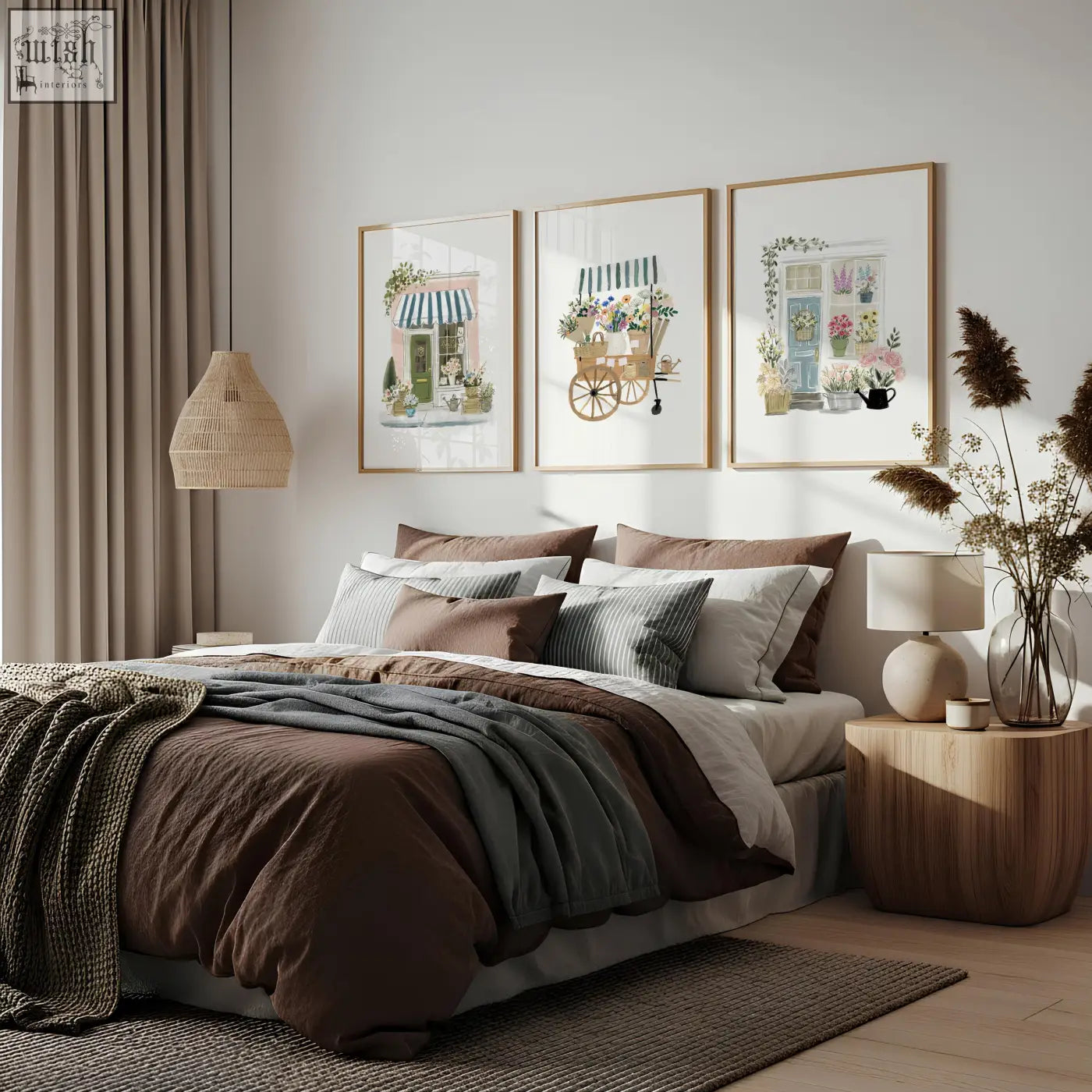 A cozy bed with a layered brown and gray duvet set and striped pillows in a country cottage flower shop style room