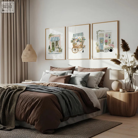 A cozy bed with a layered brown and gray duvet set and striped pillows in a country cottage flower shop style room