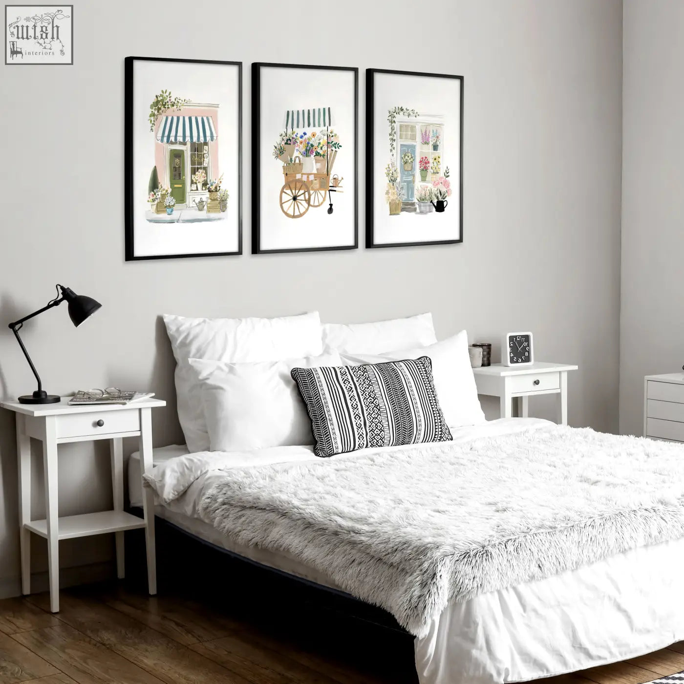 White fluffy bedspread with soft textured surface complements country cottage flower prints flower shop wall art set of 3