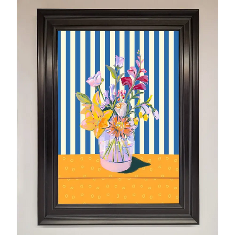 Flower Vase Blue Stripes Framed Wall Art - A1 (59.4 x 84.1 cm) / Matt Black - Framed Print