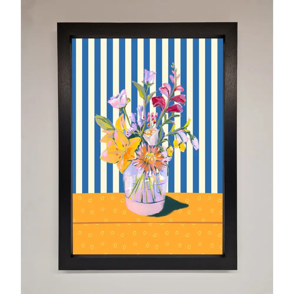 Flower Vase Blue Stripes Framed Wall Art - A3 (29.7 x 42 cm) / Black - Framed Print