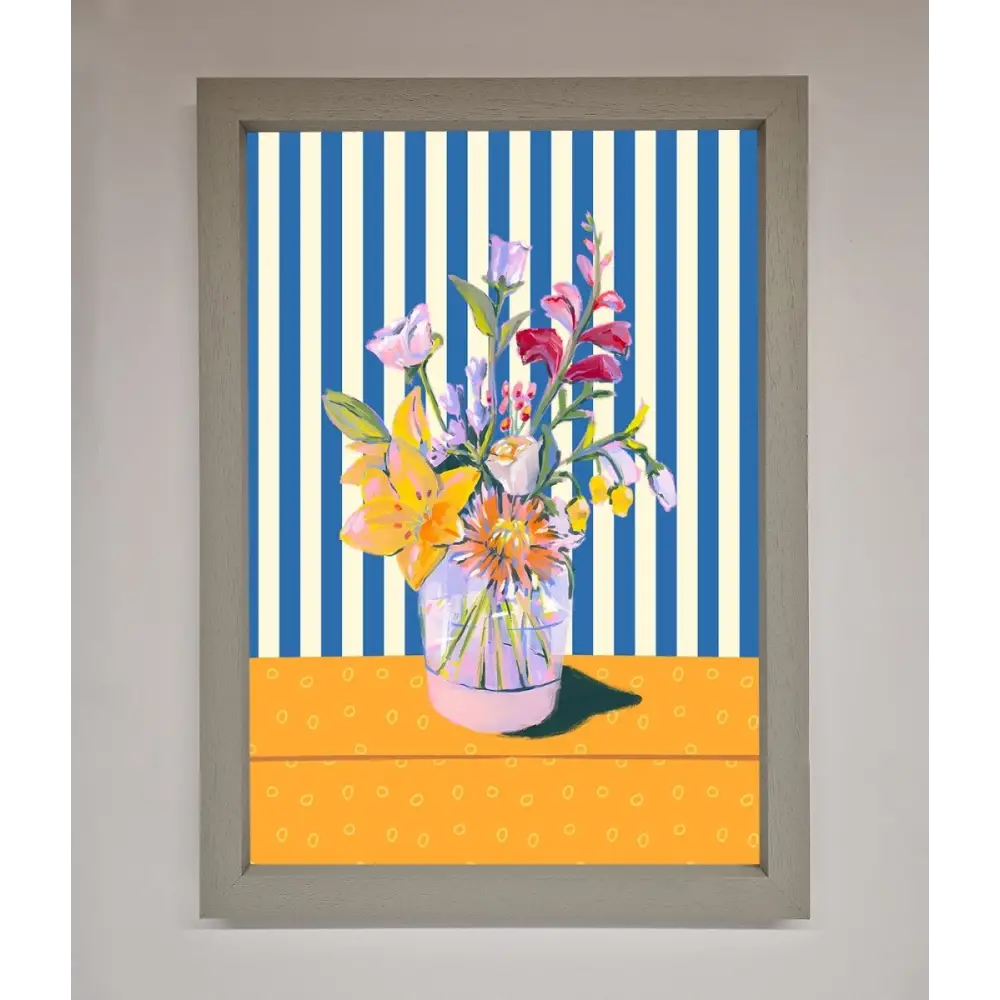Flower Vase Blue Stripes Framed Wall Art - A3 (29.7 x 42 cm) / Grey - Framed Print