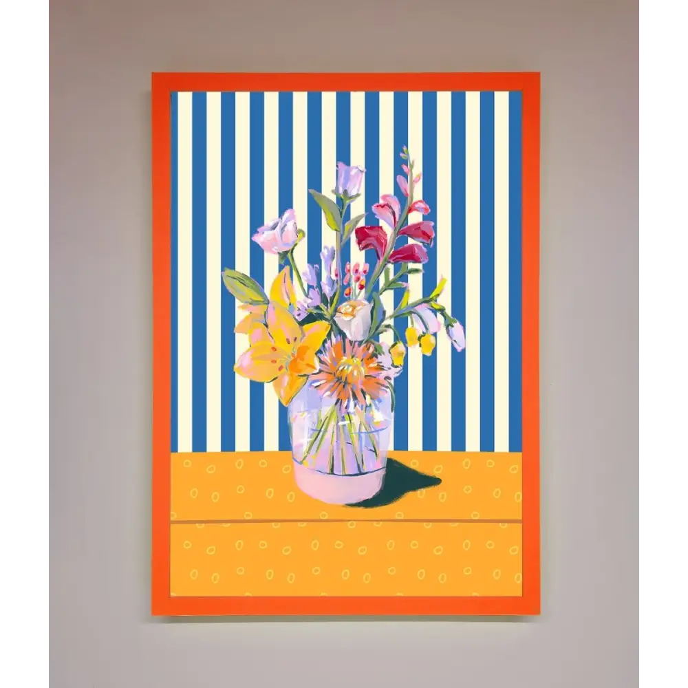Flower Vase Blue Stripes Framed Wall Art - A3 (29.7 x 42 cm) / Neon Orange - Framed Print