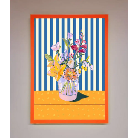 Flower Vase Blue Stripes Framed Wall Art - A3 (29.7 x 42 cm) / Neon Orange - Framed Print