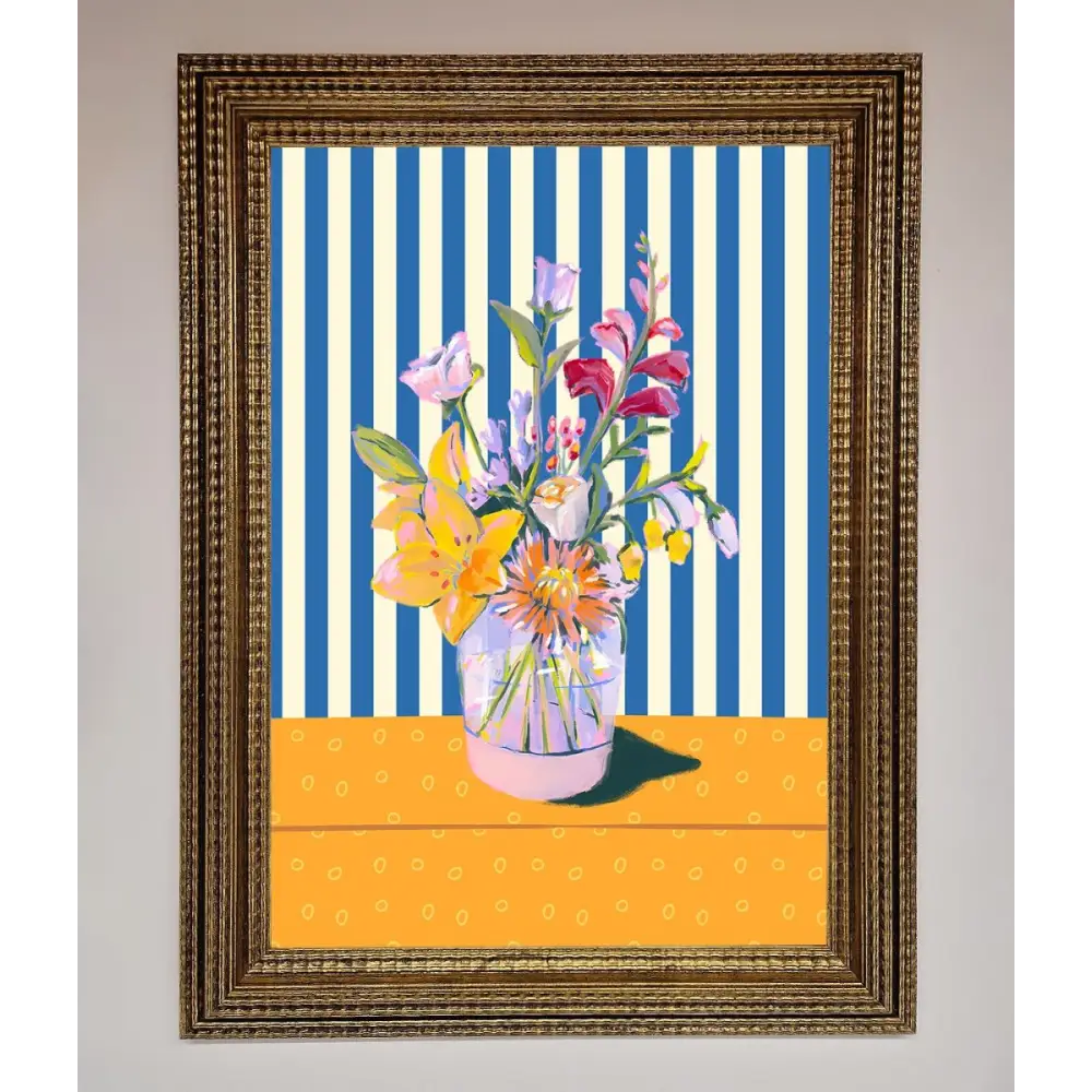 Flower Vase Blue Stripes Framed Wall Art - A3 (29.7 x 42 cm) / Ornate Gold - Framed Print