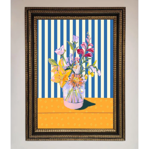 Flower Vase Blue Stripes Framed Wall Art - A3 (29.7 x 42 cm) / Ornate Gold Black - Framed Print
