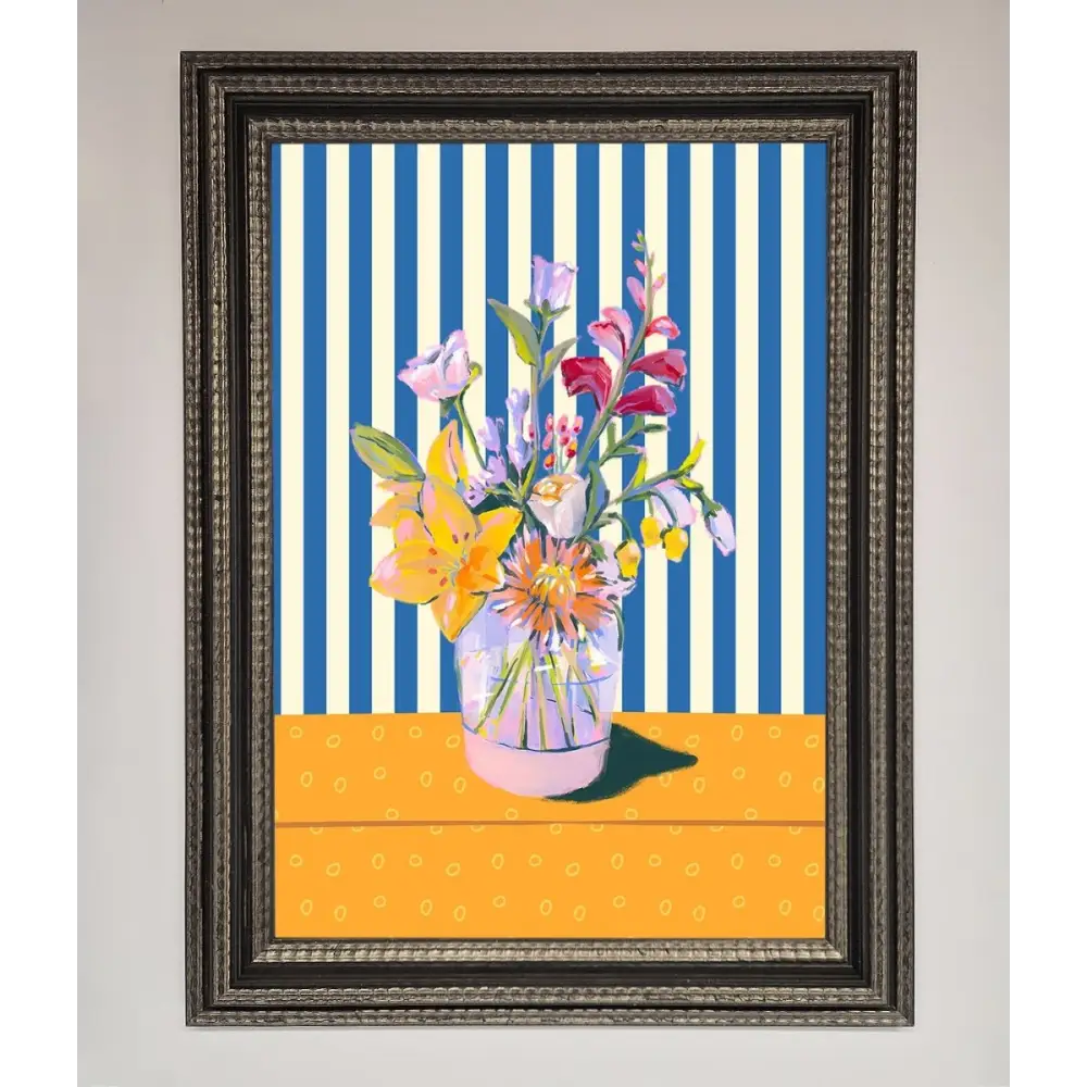 Flower Vase Blue Stripes Framed Wall Art - A3 (29.7 x 42 cm) / Ornate Silver Black - Framed Print