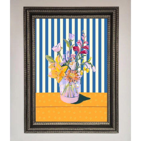 Flower Vase Blue Stripes Framed Wall Art - A3 (29.7 x 42 cm) / Ornate Silver Black - Framed Print