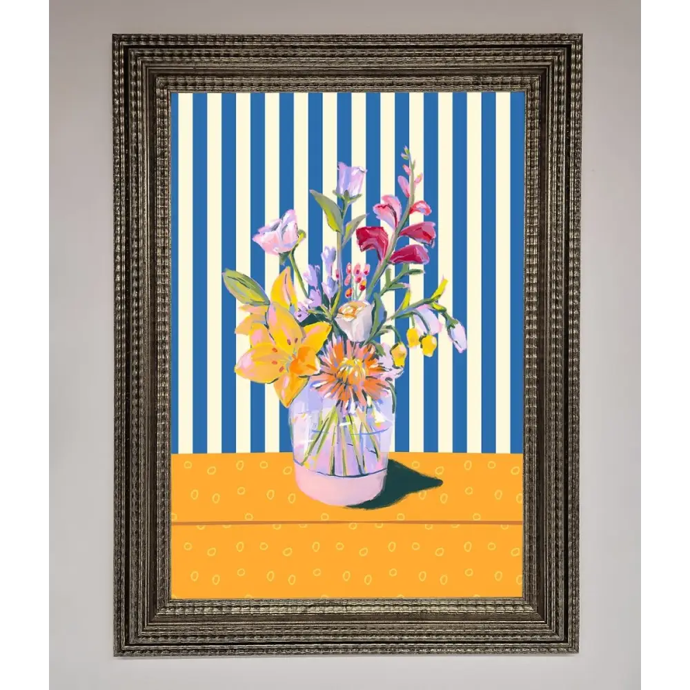 Flower Vase Blue Stripes Framed Wall Art - A3 (29.7 x 42 cm) / Ornate Silver - Framed Print
