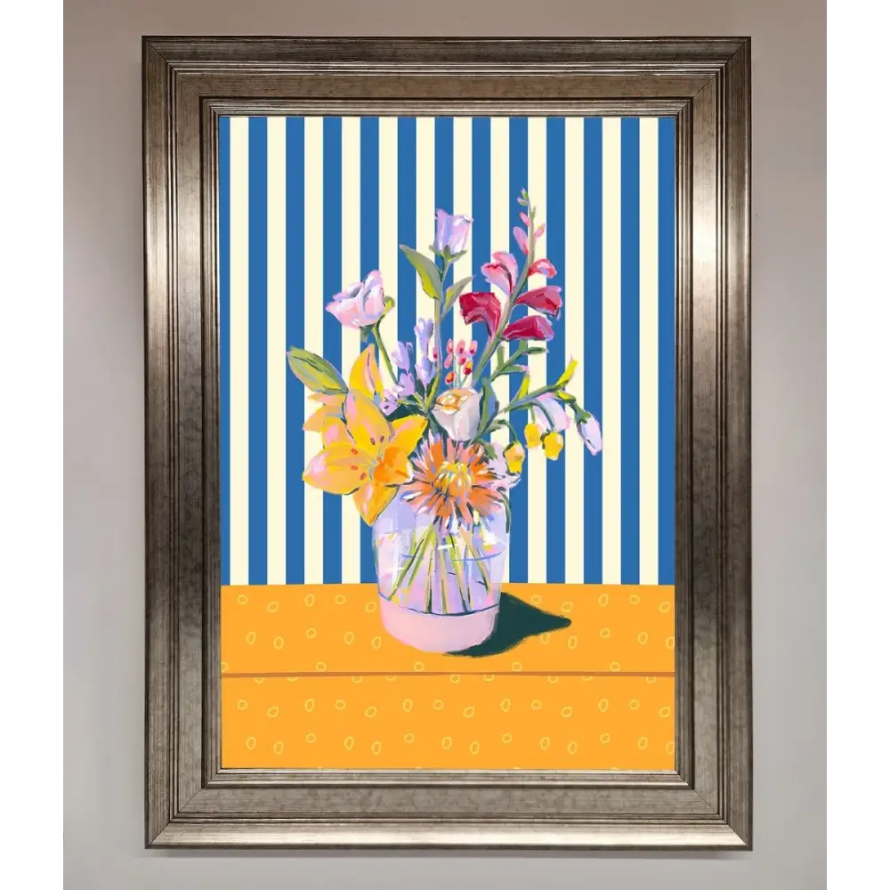 Flower Vase Blue Stripes Framed Wall Art - A3 (29.7 x 42 cm) / Silver - Framed Print