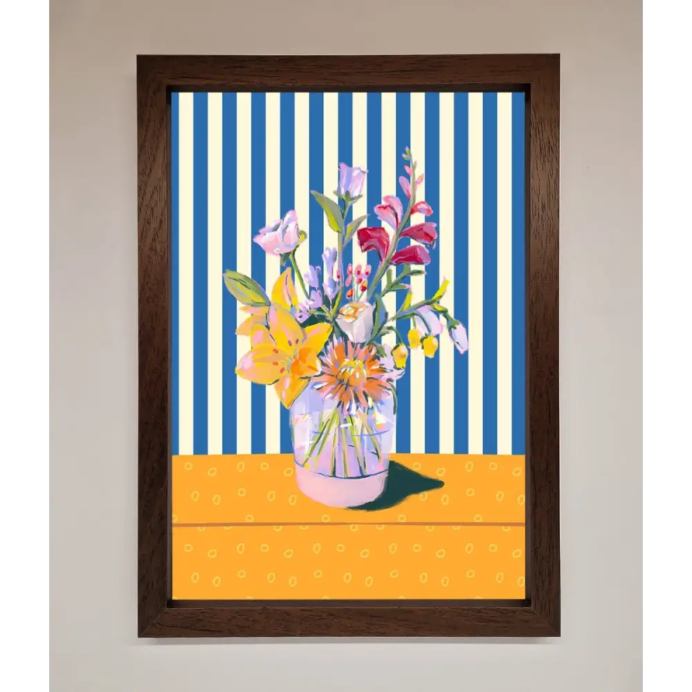 Flower Vase Blue Stripes Framed Wall Art - A3 (29.7 x 42 cm) / Walnut - Framed Print