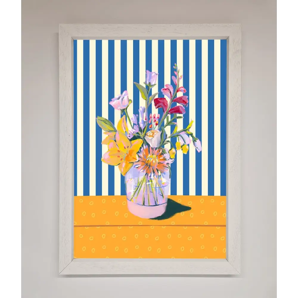 Flower Vase Blue Stripes Framed Wall Art - A3 (29.7 x 42 cm) / White - Framed Print