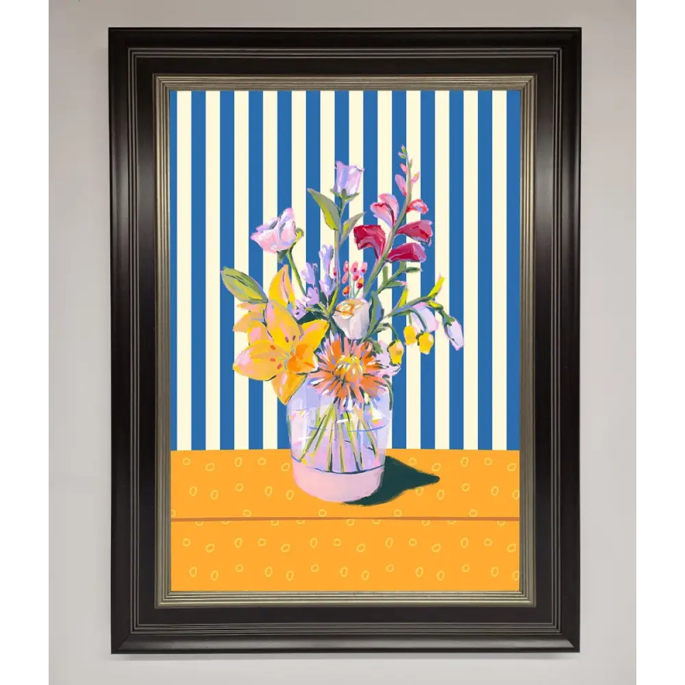 Flower Vase Blue Stripes Framed Wall Art - B0 (100 x 141 cm) / Black Silver - Framed Print