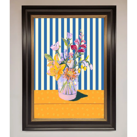 Flower Vase Blue Stripes Framed Wall Art - B0 (100 x 141 cm) / Black Gold - Framed Print