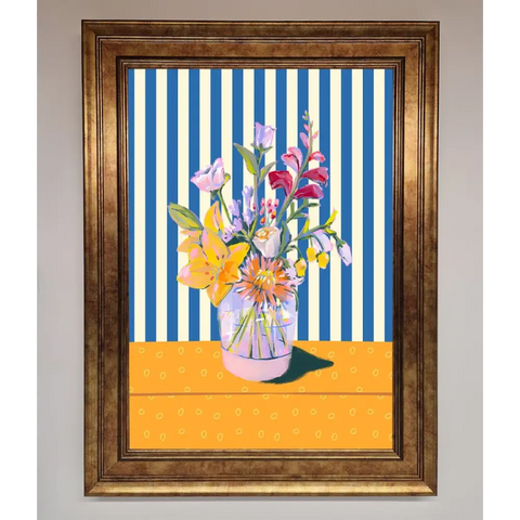Flower Vase Blue Stripes Framed Wall Art - B0 (100 x 141 cm) / Bronze - Framed Print