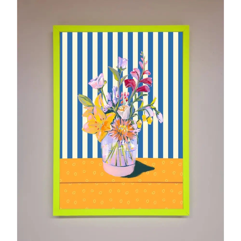 Flower Vase Blue Stripes Framed Wall Art - B0 (100 x 141 cm) / Neon Green - Framed Print