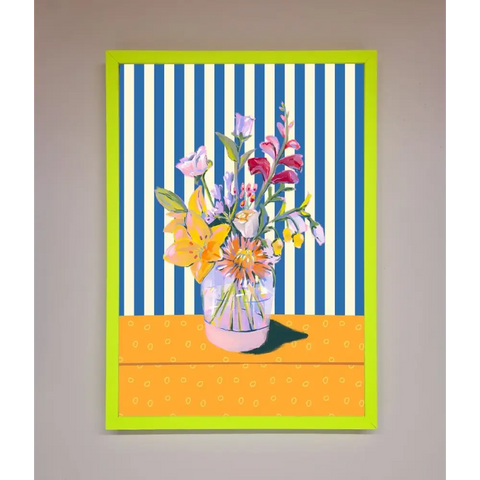Flower Vase Blue Stripes Framed Wall Art - B0 (100 x 141 cm) / Neon Green - Framed Print