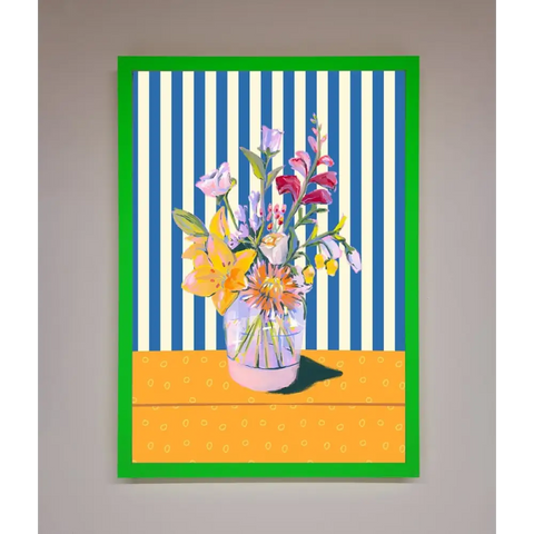 Flower Vase Blue Stripes Framed Wall Art - B0 (100 x 141 cm) / Neon Dark Green - Framed Print