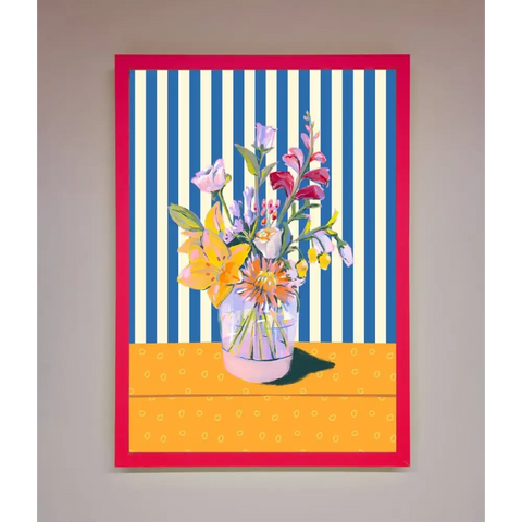 Flower Vase Blue Stripes Framed Wall Art - B0 (100 x 141 cm) / Neon Pink - Framed Print