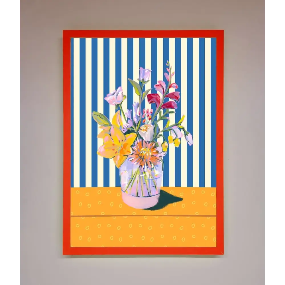 Flower Vase Blue Stripes Framed Wall Art - B0 (100 x 141 cm) / Neon Red - Framed Print